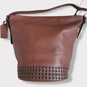 Coach Bleecker Brick Burgundy Brown Leather Grommets Bucket Duffle Crossbody